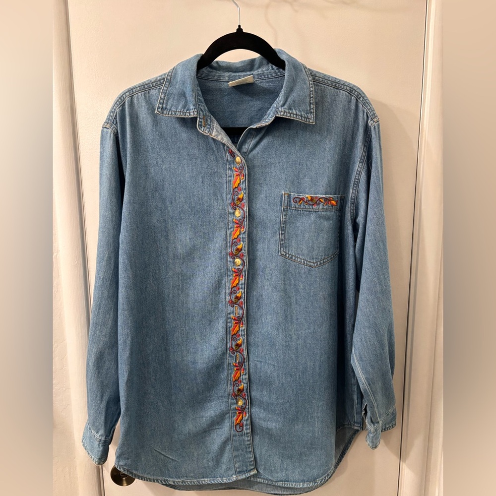 Studio Light Blue Denim Button Up with Fall Leaf Embroidery Oversized Small
